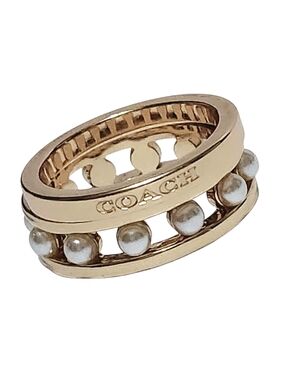 COACH 2pc Set Double Pearl Band Ring size  7